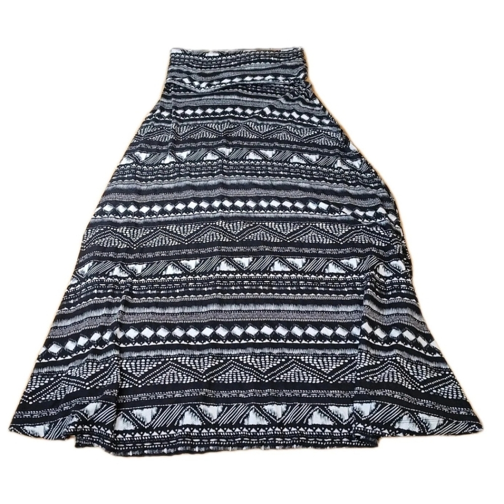 Mudd Aztec Tribal Maxi Skirt Woman Large Big Inky Black Foldover Waistband Y2k